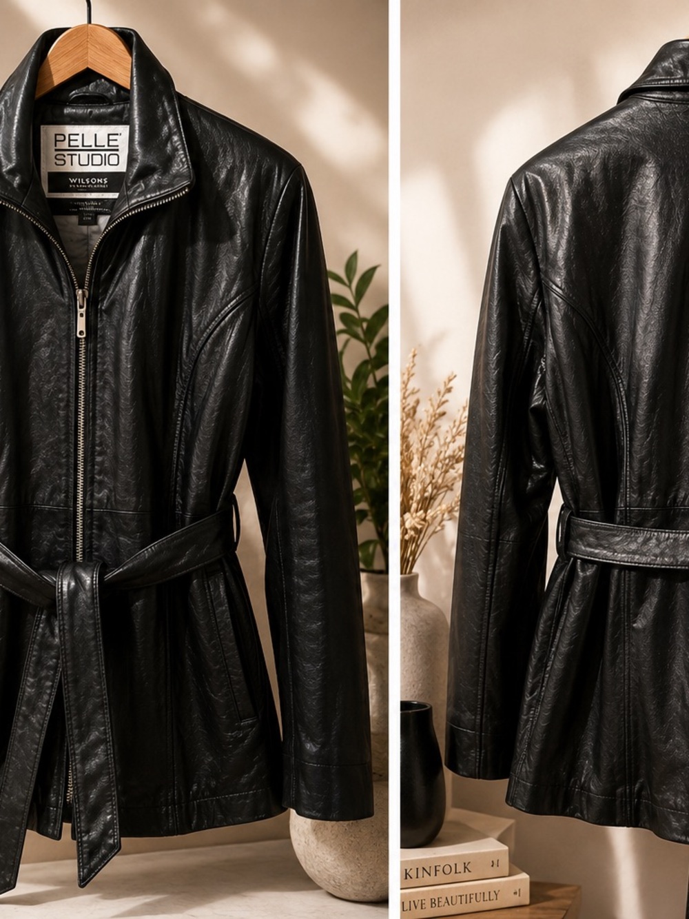 Pelle Studio Black Leather Belted Jacket with Zip Front